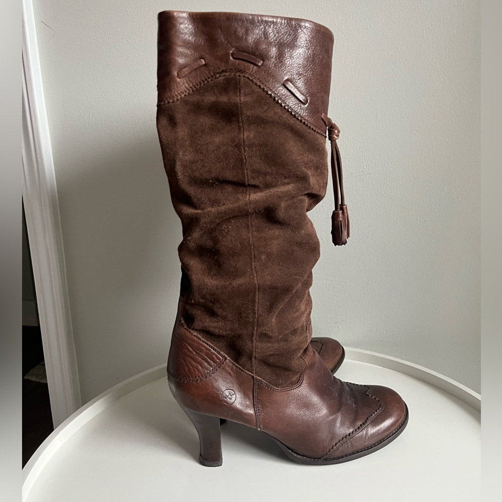 Bronx Suede Leather Tassel Slouchy Scrunched Brown Tall Boots EU Size 40/